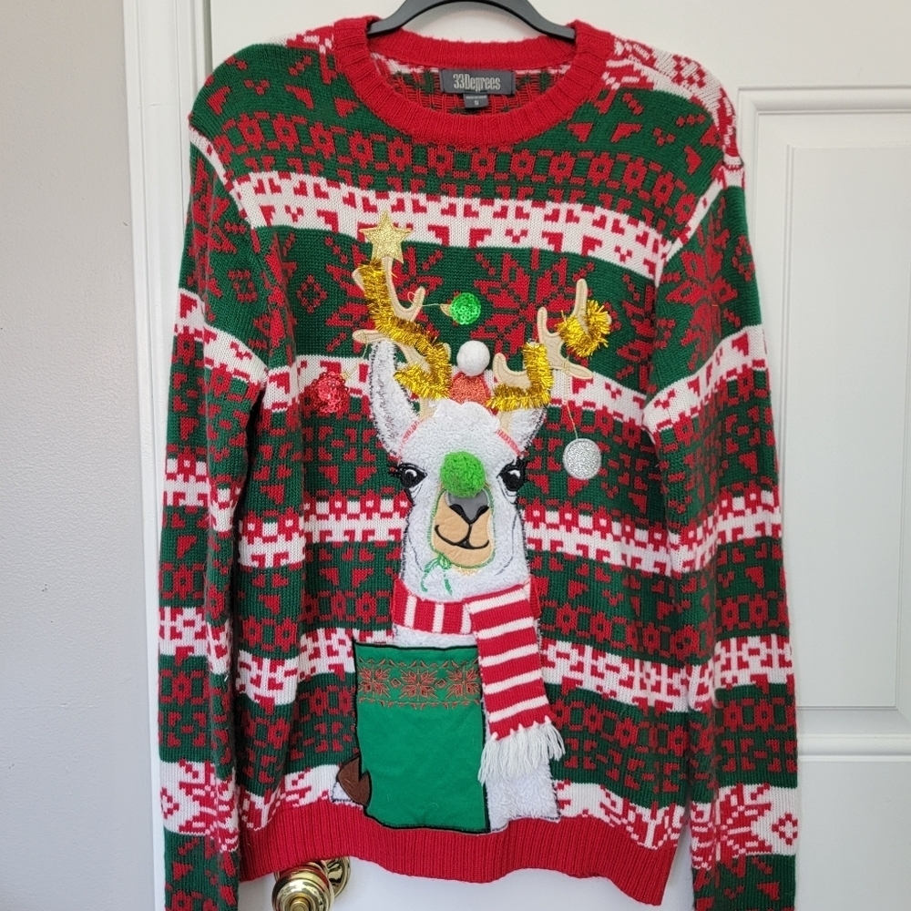 33 Degrees Llama Ugly Christmas Holiday Sweater Beer Holder Pocket Party Small